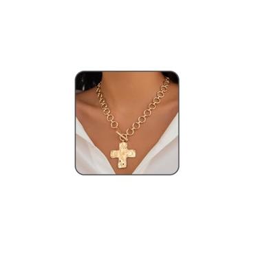 Imagem de AZORA Colar de ouro grosso para mulheres com pingente frontal martelado na frente, gargantilha de elos ousados, joias modernas, presente, Zinco, Sem Pedra Preciosa