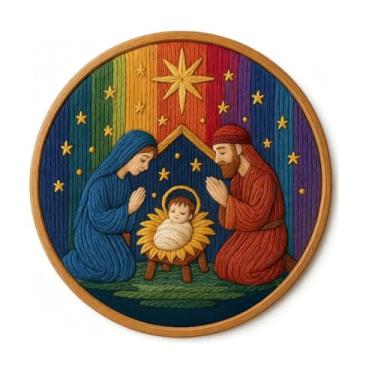 Imagem de 1 kit para adultos iniciantes, kit de bordado de presépio, kits de ponto cruz de Natal, kit de bordado DIY para adultos com padrão, fios de algodão, agulhas, instruções, aro de 15 cm, para decoração