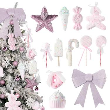 Imagem de Enfeites de árvore de Natal, design alienígena vermelho, decorações de férias internas com pirulitos, pão de gengibre, boneco de neve, sorvete, flocos de neve, 12 (rosa)