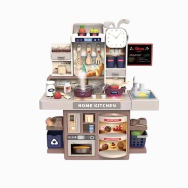 Imagem de Cozinha Infantil de Brinquedo com Efeitos Realistas Fogão com Fumaça Pia com Água Corrente Utensílios Relógio de faz de conta para Crianças (Marrom Pastel)