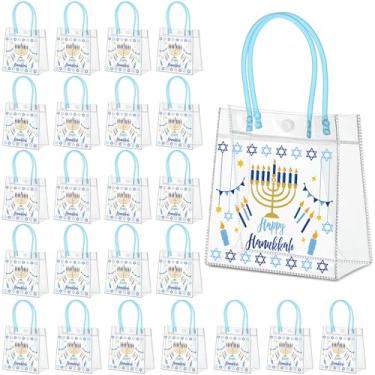 Imagem de Aliceset 24 sacos de presente de Hanukkah, sacola de PVC a granel com alças, sacos de lembrancinhas reutilizáveis transparentes com design de estrela de Davi e menorá para suprimentos de decorações de