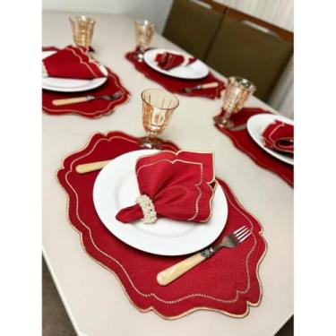 Imagem de Conjunto de 12 jogos americanos estilo americano Jogos americanos para uma mesa de jantar para 6 pessoas Arranjo de mesa Guardanapos redondos Mesa de jantar(Realeza Bor Dour - Vermelho)