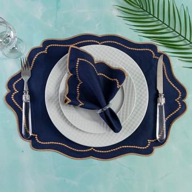 Imagem de Kit 24 Pçs 12 Lugares Mesa Posta Sousplat Jogo Americano Realeza Bordado Dourado Azul Marinho