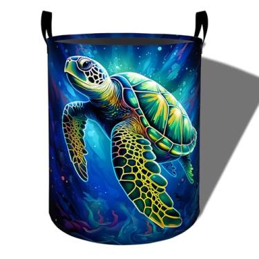 Imagem de amepay Cesta de lavanderia neon com tartaruga marinha, tecido Oxford dobrável com design oceânico, cesto de roupas sujas à prova d'água com alças, organizador de brinquedos para banheiro, quarto