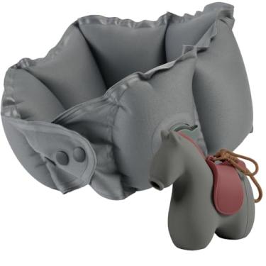 Imagem de Tearom Cavalo de viagem com travesseiro de viagem inflável oculto – Travesseiro inflável portátil para viagem, carro, avião, escritório, casa, trem - leve e lavável na máquina (cinza escuro)