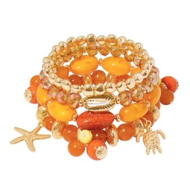 Imagem de Firstmeet Conjunto de 4 pulseiras boêmias, contas mistas e pingente de liga empilhável, joias vibrantes para mulheres, Medium, Vidro, Sem Pedra Preciosa