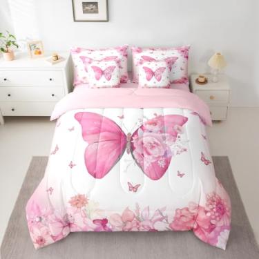 Imagem de jejeloiu Conjunto de edredom com lençol de 7 peças, solteiro, floral, rosa, para crianças, adolescentes, chique, borboletas, decoração de quarto, microfibra leve e macia