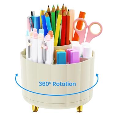 Imagem de IVEETTY Suporte giratório de 360 graus para mesa, organizador de mesa com 6 compartimentos, para canetas, lápis, marcadores, porta-copos multifuncionais e suporte de material de escritório, bege