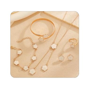 Imagem de ZMJK Conjunto de joias Lucky Clover para mulheres, elegante, colar com pingente de flor, brincos, anel, pulseira, moda, trevo de cinco folhas, joias florais para presentes de amigos, extra, Liga de