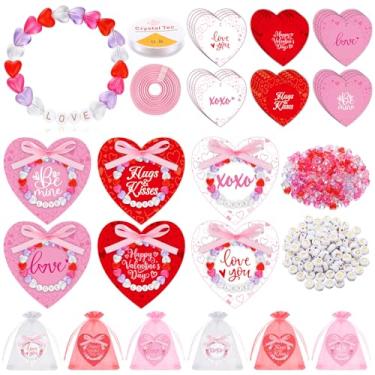Imagem de Kigeli Kit de 36 peças para fazer pulseiras de dia dos namorados, 900 contas de coração, contas de carta de amor, cartões, sacolas de presente, cordão elástico e fita para joias artesanais e