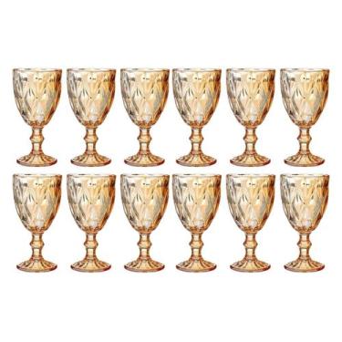 Imagem de 12 Taças Copo Luxo 330ml Vidro Diamante Ambar Vinho Dourado - DONA LAU