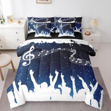 Imagem de Erosebridal Jogo de cama solteiro de 7 peças com pauzinho, céu estrelado, piano redemoinho e guitarra em um saco, conjunto de cama para crianças e adultos Music Note