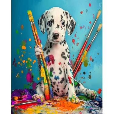 Imagem de VNUIEHG Kit de pintura de cachorro por números para adultos, kit de pintura a óleo faça você mesmo em tela sem moldura, cor por número com tintas acrílicas e pincéis, para decoração de quarto