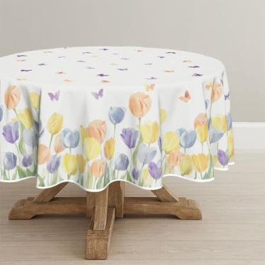 Imagem de Horaldaily Toalha de mesa de primavera redonda 177 × 178 cm, xadrez, verde, flores silvestres, margarida, borboleta, lavável, capa de mesa sazonal para decoração de festa, piquenique, jantar