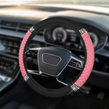 Imagem de HQRNYP Capa de volante de couro macio brilhante, protetor de volante, 38 cm colorido strass elástico, acessórios de carro de couro diamante antiderrapante para mulheres e meninas (rosa)