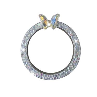 Imagem de HQRNYP Acessórios de carro com emblema de anel brilhante, capa de botão de partida do motor de carro, anel de tampa do botão de pressão para iniciar borboleta de strass brilhante, adesivo de botão de