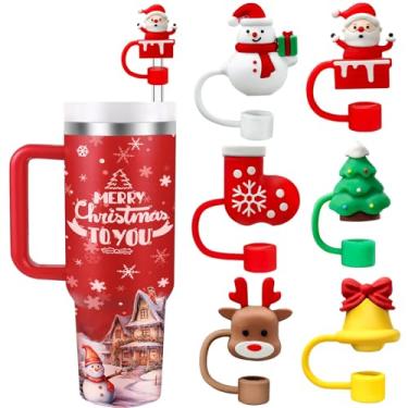 Imagem de 6 peças de tampa de palha de Natal para copo Stanley, topo de palha reutilizável à prova de poeira de 10 mm para copo de 30 e 1,134 g com alça, tampas 3D de ponta de sino de alce de Papai Noel para