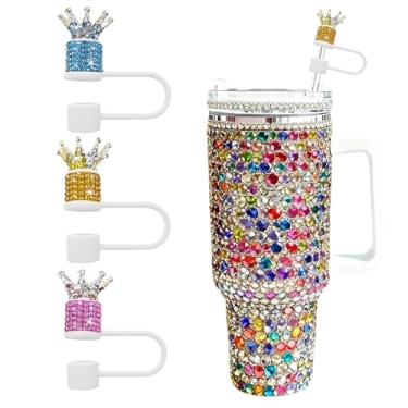 Imagem de JIASHEBDE Conjunto de 3 peças de topo de palha de diamante de coroa para copos Stanley - Capas de palha brilhantes com strass brilhantes para copos de 30 e 1,134 g, 21 cores para presente de princesa