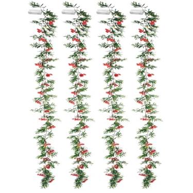 Imagem de WIKDEY Pacote com 4 guirlandas de Natal pré-iluminadas de 1,8 m com luzes para decoração, vegetação artificial e guirlandas de frutas vermelhas para lareira, escada, manto, quadro, mesa, decoração de