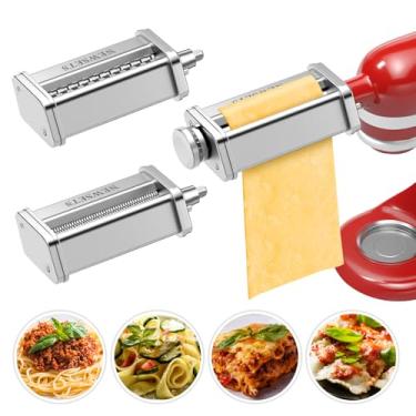 Imagem de 3 peças de acessórios para fazer massa para todas as batedeiras KitchenAid, acessórios de massa, incluindo rolo de macarrão, cortador de fettuccine e cortador de espaguete para ravioli de macarrão