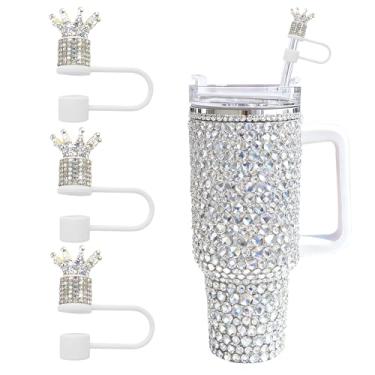 Imagem de JIASHEBDE Conjunto de 3 peças de topo de palha de diamante de coroa para copos Stanley - Capas de palha brilhantes com strass brilhantes para copos de 30 e 1,134 g, 21 cores para presente de princesa