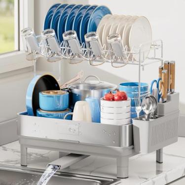 Imagem de Ewaiira Escorredor de louça, escorredor de pratos grande de 2 níveis, escorredor de pratos de aço inoxidável para balcão de cozinha, escorredor de pratos com drenagem automática, suporte de utensílios