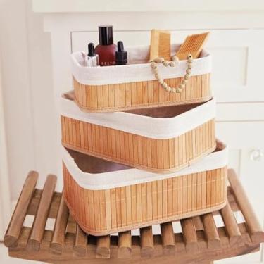 Imagem de Kit 3 Cestos Organizadores Bambu Caixas Palha Decoração Retangular Quadrado Gaveta Armário Artesanal