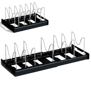 Imagem de Organizador de panelas e frigideiras embaixo do armário: suporte expansível para tampa de panela com 7 divisórias ajustáveis para tábuas de corte de armazenamento de cozinha, utensílios de cozinha