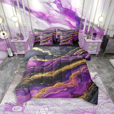 Imagem de Erosebridal Conjunto de edredom solteiro roxo e dourado | Conjunto de cama de grão de mármore roxo em uma bolsa, conjunto de cama abstrata com estampa de glitter dourado para quarto de adolescentes