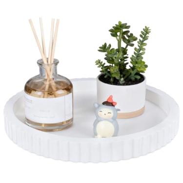 Imagem de Bandeja decorativa redonda para decoração de mesa de café, decoração de casa, bandeja redonda de madeira, mesa de centro de mesa para sala de jantar, cozinha e presente de inauguração de casa (branca)