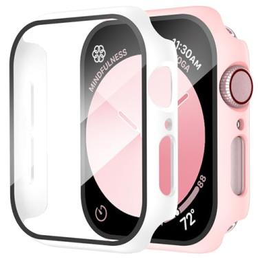 Imagem de Capa Smiling compatível com Apple Watch SE 3 (2025)/SE 2/SE/séries 6/5/4 de 44 mm, película de vidro temperado, cobertura protetora total, policarbonato rígido, 2 unidades, 1 rosa, 1 branca