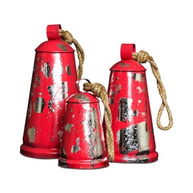 Imagem de Conjunto de 3 sinos de metal rústicos de fazenda, sinos envelhecidos azul-petróleo com corda de juta para decoração de pendurar (rosa rústico), Natal, Ano Novo, Ação de Graças