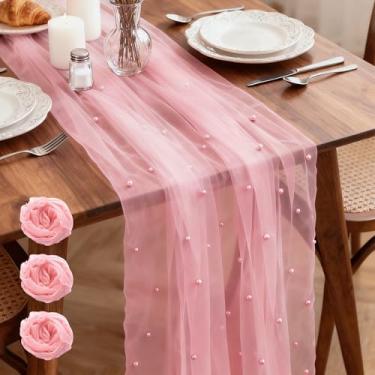Imagem de Yivioep Pacote com 3 corredores de mesa de pérolas, tecido de tule 79 x 300 cm com pérolas para arco de casamento, festa de aniversário, decoração de chá de bebê, decoração de mesa de sobremesa de véu