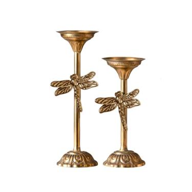 Imagem de Conjunto de 2 castiçais de metal dourado antigo, suportes de vela afunilados de ferro vintage com folha de ouro aplicada à mão, castiçais decorativos elegantes para casa, casamento ou mesa de jantar