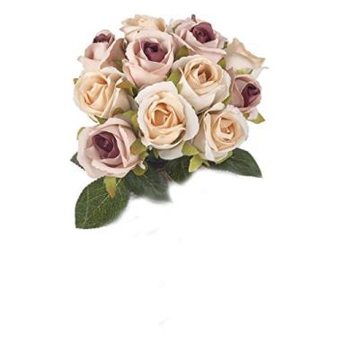 Imagem de Yalych 12 cabeças buquê de rosas artificiais de seda flores falsas folha festa de casamento decoração de casa guirlanda branca flores artificiais (cor: bege, tamanho: 25 x 17 x 5 cm)