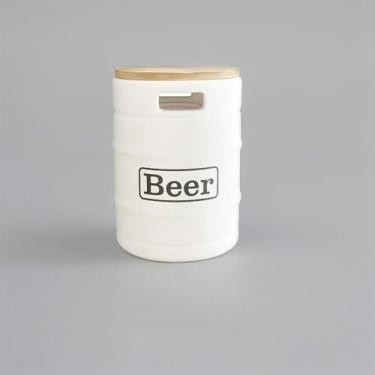 Imagem de Banco Iluminado Beer Barrel Branco Bivolt com Tampo de Madeira e Porta Objetos – Decoração LED para Festas e Ambientes