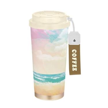 Imagem de SEHANY Caneca de viagem Summer Sea Beach Starfish 482 g Copos de café reutilizáveis revestidos de cerâmica com tampa à prova de vazamento, parede dupla, isolamento a vácuo, copo de café de aço
