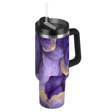 Imagem de SEHANY Copo de mármore roxo de 1,134 g com tampa e canudo, aço inoxidável de vácuo duplo isolado garrafa de água esportiva suporte para copo de café de viagem à prova de vazamento para bebida gelada