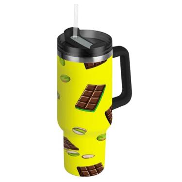 Imagem de Blueangle Copo de barras de chocolate de 1,134 g com alça e tampa de palha, caneca de viagem de aço inoxidável isolada a vácuo de parede dupla, garrafa de água reutilizável para academia de escritório