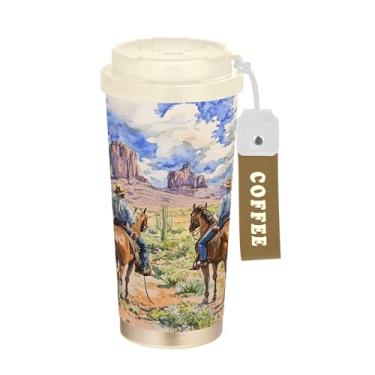 Imagem de SEHANY Caneca de viagem vintage caubói ocidental 482 g xícaras de café reutilizáveis revestidas de cerâmica com tampa à prova de vazamento, parede dupla, isolamento a vácuo, copo de café de aço
