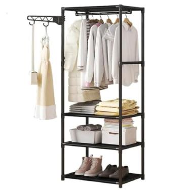 Imagem de Organizador de Roupas Multifuncional, Arara de Metal Preto com 3 Prateleiras, Cabideiro e Ganchos Laterais, 170cm x 55cm x 36cm, para Quarto, Closet e Lavanderia
