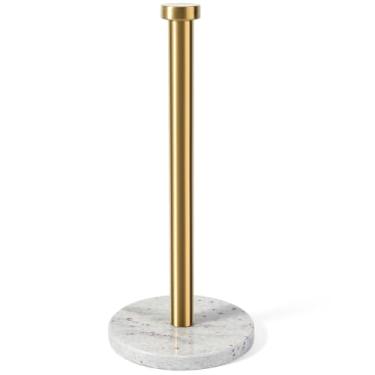 Imagem de Koville Suporte de toalha de papel, suporte de rolo de papel em pé com base de mármore ponderada de 15 cm, suporte de toalha de papel de pedra com haste de aço inoxidável dourada para cozinha e