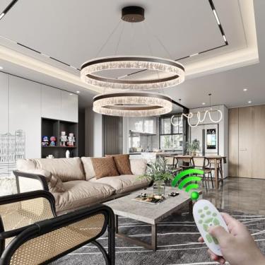 Imagem de Luminária pendente moderna de alumínio com LED dimerizável, ideal para mesa de jantar, 135W, com 3 anéis de iluminação e altura ajustável. Lustre marrom em acrílico com controle remoto para