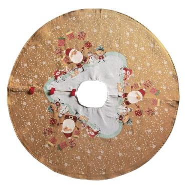 Imagem de Saia para árvore de Natal de 106 cm - Tema dourado/amarelo com estampa divertida de Papai Noel, boneco de neve e presentes - Tapete de decoração de Natal adequado para crianças para casa e escola