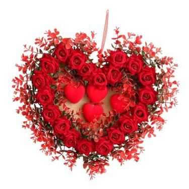 Imagem de Vaveren Guirlanda de rosas artificiais em formato de coração, multifuncional, para decoração de Dia dos Namorados, porta de entrada e festivais de primavera.