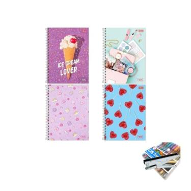 Imagem de Kit Caderno Universitário Vibe Feminino 1M 80F Tilibra + Caneta Trigel Metálica 1.0mm + Grampeador Alicate HP45