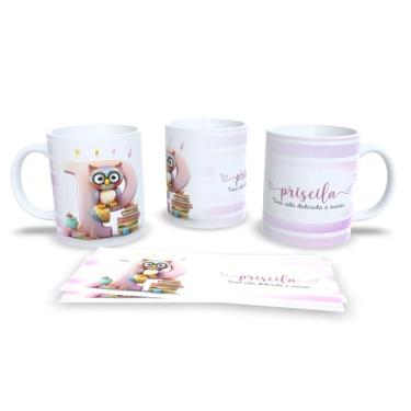 Imagem de Caneca Personalizada Aline, Design Coruja com Letra A, Frase Motivacional Professor, Listras Coloridas Pastel (p)
