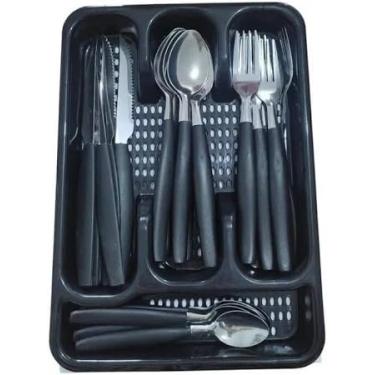 Imagem de Talheres de Aço Inoxidável com 25 Peças, Porta Talheres Incluído, Colheres de Sopa, Sobremesa, Garfos e Facas com Cabo Preto