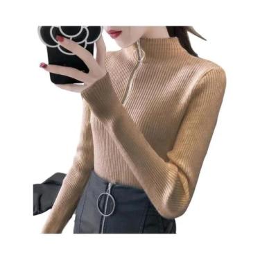 Imagem de Suéter Feminino De Tricô Gola Alta Slim Com Zíper Pulôver Básico Sólid