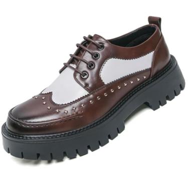 Imagem de Sapato Oxford masculino de couro plataforma rebites bico redondo cadarço sola antiderrapante sapatos sociais brogue trabalho casual Derby sapatos, Marrom, 44